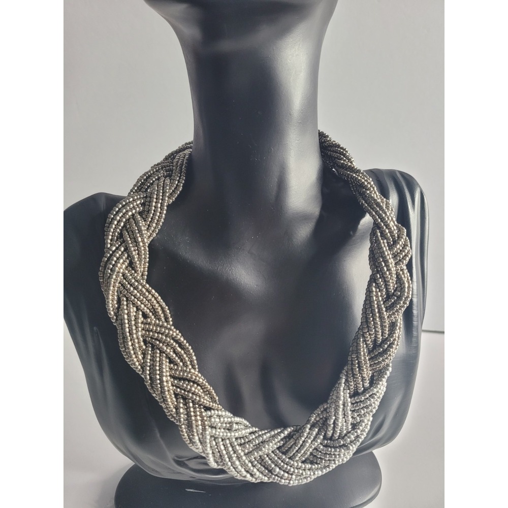 Multi Strand Seed Bead Necklace Silver Tone Layered Twisted Statement Bib Boho